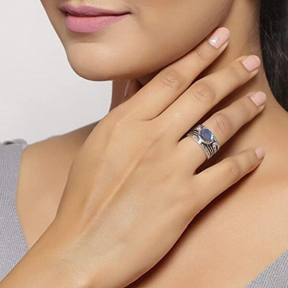 Vintage Natural Labradorite Swiss Blue Topaz 925 Sterling Silver Ring - Picture 2 of 9